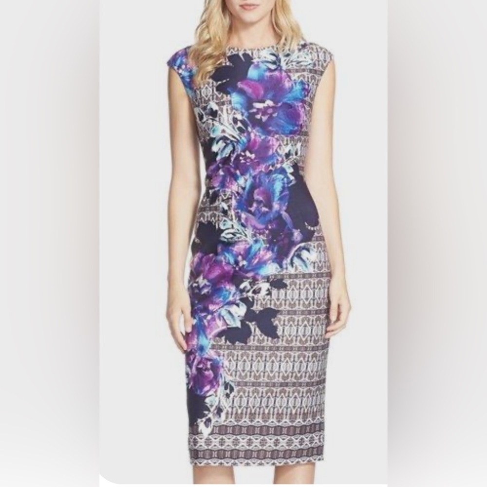 Vince Camuto Navy and Beige Patterned Dress